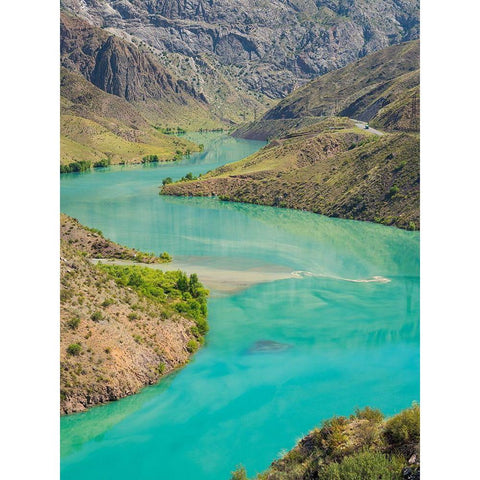 Landscape along the Tien Shan Highway-the Kurpsai Reservoir Black Modern Wood Framed Art Print by Zwick, Martin