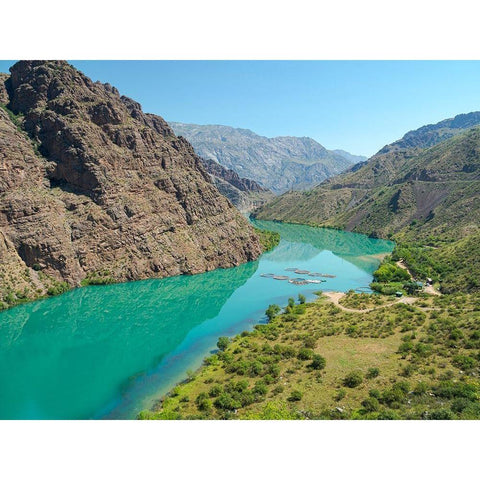 Landscape along the Tien Shan Highway-the Kurpsai Reservoir Black Modern Wood Framed Art Print by Zwick, Martin