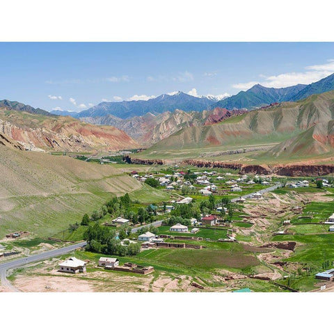 Village at the Pamir Highway The mountain range Tian Shan or Heavenly Mountains  Black Modern Wood Framed Art Print by Zwick, Martin