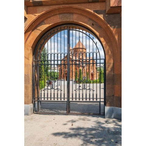 Armenia-Yerevan-Nork-Marash district Surb Astvatsatsin Church-seen through the gate Black Modern Wood Framed Art Print by Wilson, Emily