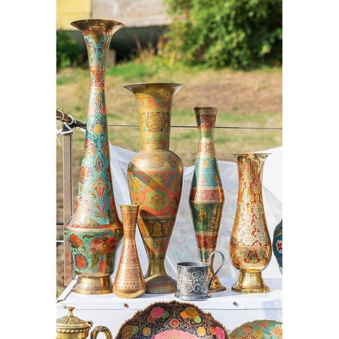 Armenia-Sevan Souvenir vases at market near the Sevanavank Monastery on Lake Sevan White Modern Wood Framed Art Print by Wilson, Emily