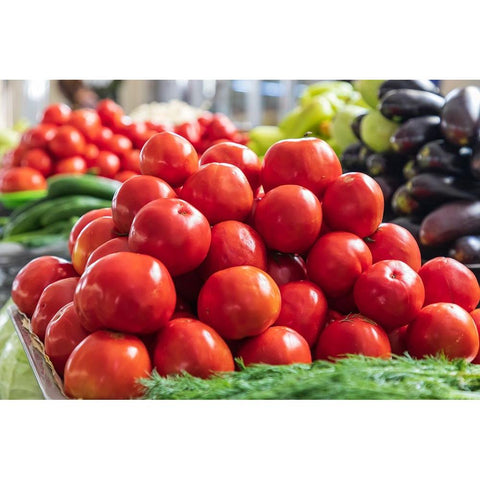 Dushanbe-Tajikistan Fresh tomatoes for sale at the Mehrgon Market in Dushanbe Black Modern Wood Framed Art Print by Wilson, Emily M.