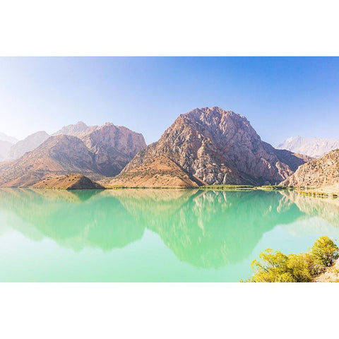 Iskanderkul-Sughd Province-Tajikistan Mountains and blue sky above Iskanderkul Lake Black Modern Wood Framed Art Print with Double Matting by Wilson, Emily M.