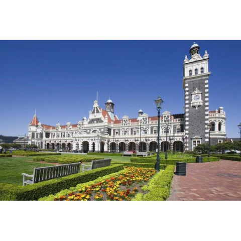 New Zealand, Dunedin Park by Railroad Station Black Modern Wood Framed Art Print by Flaherty, Dennis