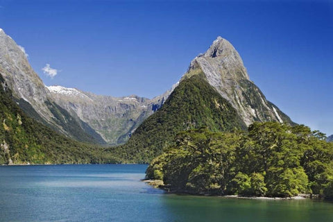 New Zealand, South Island Mitre Peak and lake White Modern Wood Framed Art Print with Double Matting by Flaherty, Dennis