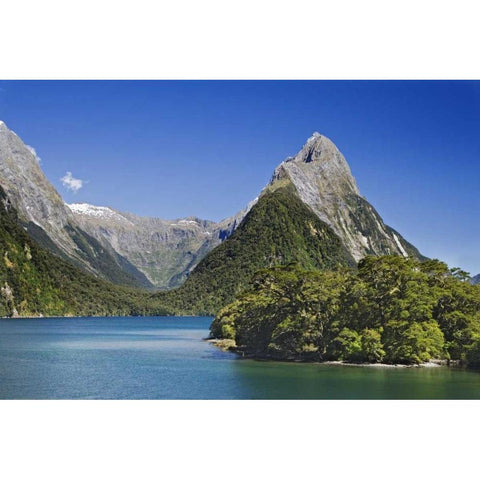 New Zealand, South Island Mitre Peak and lake Gold Ornate Wood Framed Art Print with Double Matting by Flaherty, Dennis