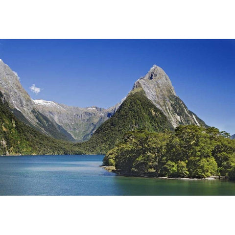 New Zealand, South Island Mitre Peak and lake Black Modern Wood Framed Art Print with Double Matting by Flaherty, Dennis