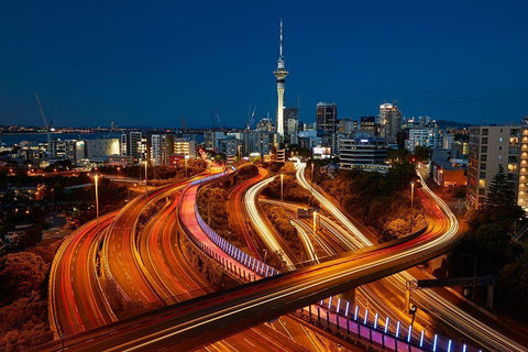 Motorways-Lightpath cycleway-and Skytower at dusk-Auckland-North Island-New Zealand White Modern Wood Framed Art Print with Double Matting by Wall, David