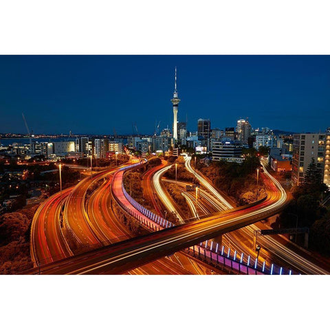 Motorways-Lightpath cycleway-and Skytower at dusk-Auckland-North Island-New Zealand Black Modern Wood Framed Art Print by Wall, David