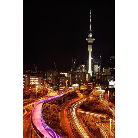 Motorways-Lightpath cycleway-and Skytower at night-Auckland-North Island-New Zealand Gold Ornate Wood Framed Art Print with Double Matting by Wall, David