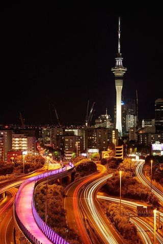 Motorways-Lightpath cycleway-and Skytower at night-Auckland-North Island-New Zealand White Modern Wood Framed Art Print with Double Matting by Wall, David