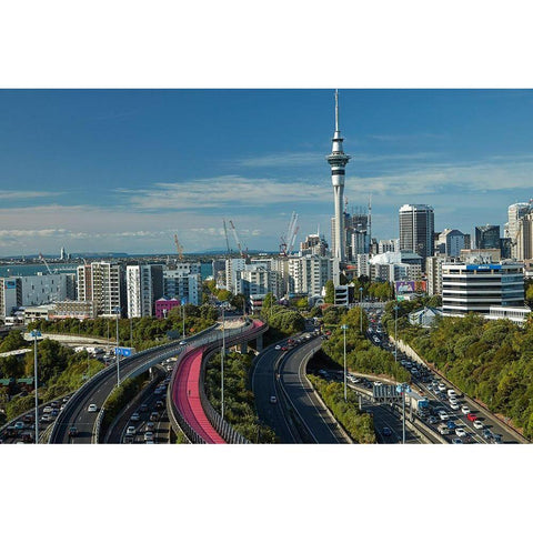 Motorways-Lightpath cycleway-and Skytower-Auckland-North Island-New Zealand Black Modern Wood Framed Art Print by Wall, David