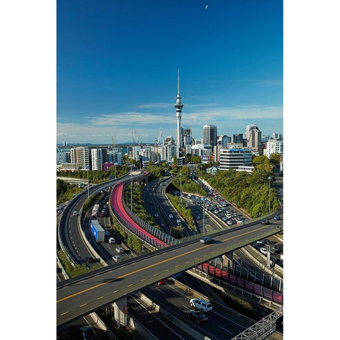Motorways-Lightpath cycleway-and Skytower-Auckland-North Island-New Zealand Black Modern Wood Framed Art Print with Double Matting by Wall, David