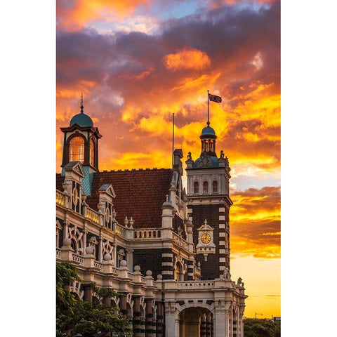 Sunset over the Dunedin Railway Station-Dunedin-South Island-New Zealand Black Modern Wood Framed Art Print by Bishop, Russ