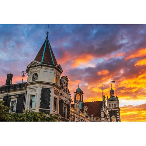 Sunset over the Dunedin Railway Station-Dunedin-South Island-New Zealand Black Modern Wood Framed Art Print by Bishop, Russ