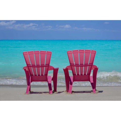 Bahamas, Little Exuma Is Pink chairs on beach Black Modern Wood Framed Art Print by Paulson, Don