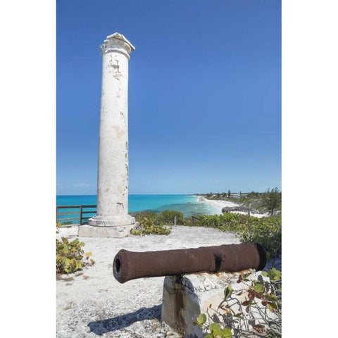 Bahamas, Little Exuma Is Rusty cannon and column Black Modern Wood Framed Art Print by Paulson, Don