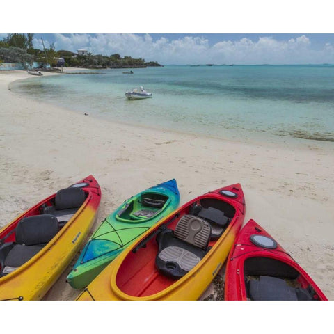 Bahamas, Exuma Island Kayaks on beach White Modern Wood Framed Art Print by Paulson, Don