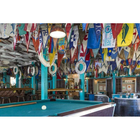 Bahamas, Exuma Island Flags on ceiling of bar Black Modern Wood Framed Art Print by Paulson, Don