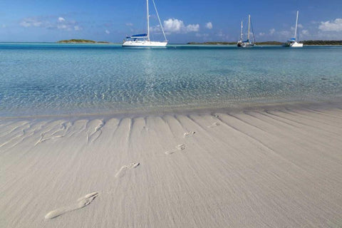 Bahamas, Exuma Island Footprints and sailboats White Modern Wood Framed Art Print with Double Matting by Paulson, Don
