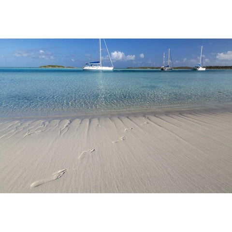 Bahamas, Exuma Island Footprints and sailboats Black Modern Wood Framed Art Print by Paulson, Don