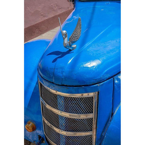 Detail of classic blue American car with chrome swan hood ornament in Trinidad-Cuba Black Modern Wood Framed Art Print by Miglavs, Janis