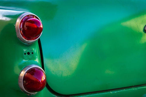 Detail of two red tail lights on classic green car in Trinidad-Cuba White Modern Wood Framed Art Print with Double Matting by Miglavs, Janis