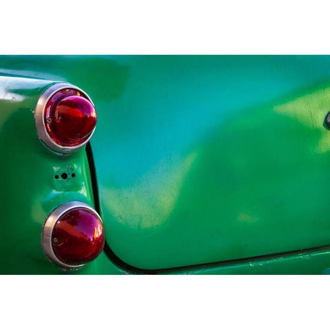 Detail of two red tail lights on classic green car in Trinidad-Cuba Black Modern Wood Framed Art Print by Miglavs, Janis