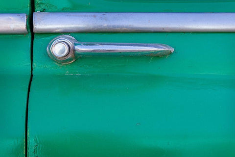 Detail of door handle on classic green car in Trinidad-Cuba White Modern Wood Framed Art Print with Double Matting by Miglavs, Janis