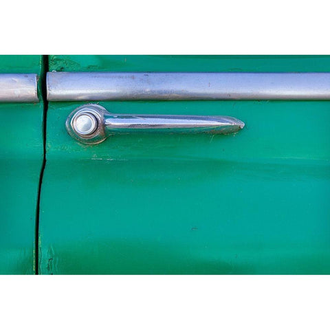 Detail of door handle on classic green car in Trinidad-Cuba Black Modern Wood Framed Art Print by Miglavs, Janis