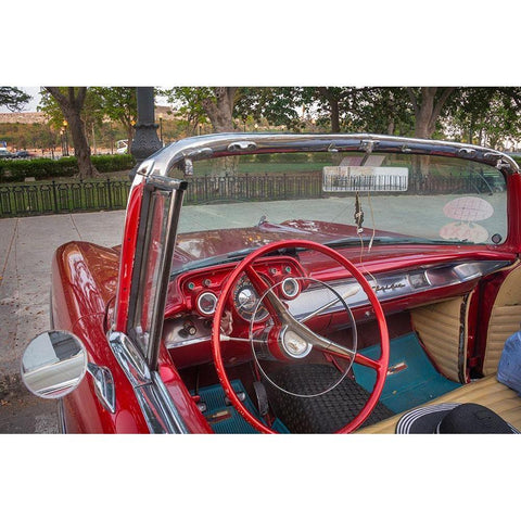 Interior view of red 57 Chevrolet Bel Air convertible in Habana-Havana-Cuba Black Modern Wood Framed Art Print by Miglavs, Janis