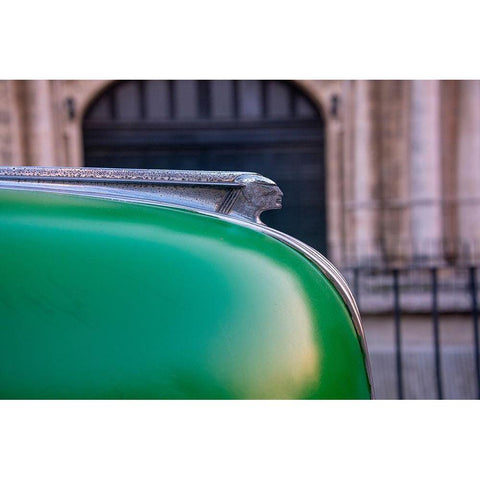 Detail of hood ornament on green classic American Pontiac car in Habana-Havana-Cuba Black Modern Wood Framed Art Print by Miglavs, Janis