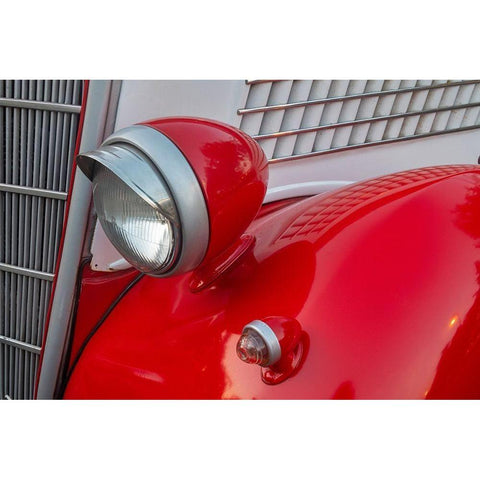 Detail of head lamp on red classic American Ford in Habana-Havana-Cuba White Modern Wood Framed Art Print by Miglavs, Janis