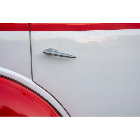 Detail of door on red and white classic American Ford in Habana-Havana-Cuba Black Modern Wood Framed Art Print by Miglavs, Janis