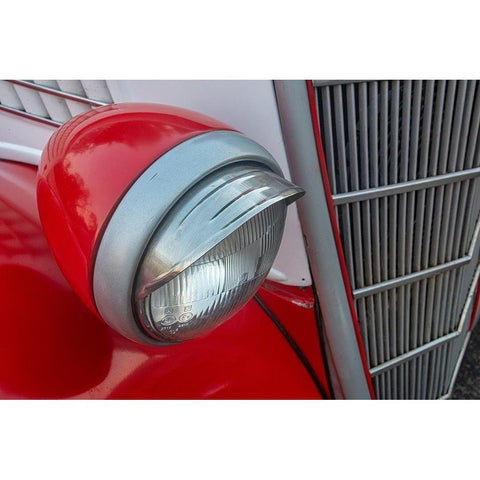 Detail of head light and grill on red classic American Ford in Habana-Havana-Cuba Black Modern Wood Framed Art Print by Miglavs, Janis