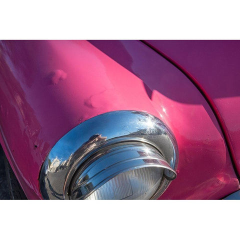 Detail of chrome head light on hot pink classic American Oldsmobile-Havana-Cuba Black Modern Wood Framed Art Print by Miglavs, Janis