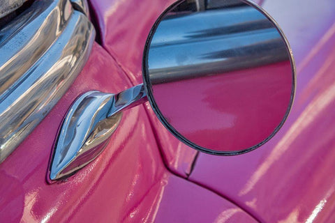 Close-up side mirror on hot pink classic American Oldsmobile in Vieja-old Habana-Havana-Cuba Black Ornate Wood Framed Art Print with Double Matting by Miglavs, Janis