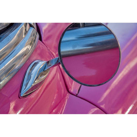 Close-up side mirror on hot pink classic American Oldsmobile in Vieja-old Habana-Havana-Cuba Black Modern Wood Framed Art Print by Miglavs, Janis