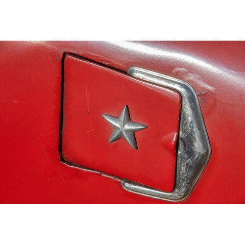 Detail of gasoline tank door with star on classic American car in Vieja-old Habana-Havana-Cuba Black Modern Wood Framed Art Print by Miglavs, Janis