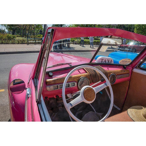 View into drivers seat of classic convertible pink American car parked in Vieja-Havana-Cuba Black Modern Wood Framed Art Print by Miglavs, Janis