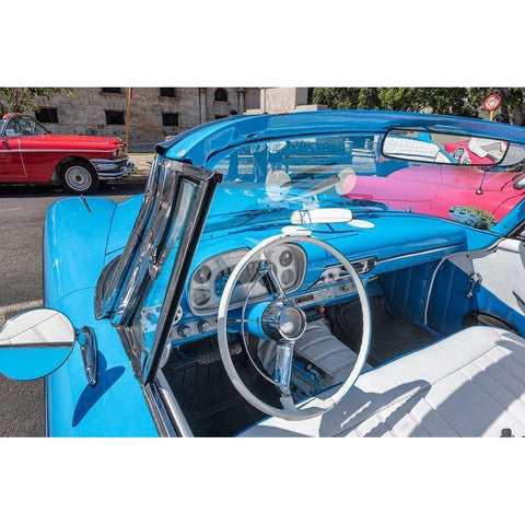 View into drivers seat of a classic convertible baby blue American car parked in Vieja-Havana-Cuba Black Modern Wood Framed Art Print by Miglavs, Janis