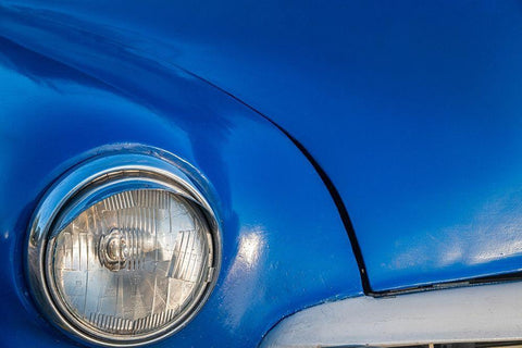 Detail of front end headlight on a classic blue American car in Vieja-old Habana-Havana-Cuba White Modern Wood Framed Art Print with Double Matting by Miglavs, Janis