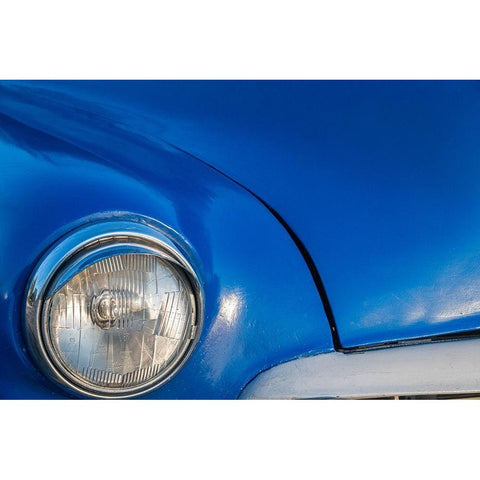 Detail of front end headlight on a classic blue American car in Vieja-old Habana-Havana-Cuba Black Modern Wood Framed Art Print by Miglavs, Janis