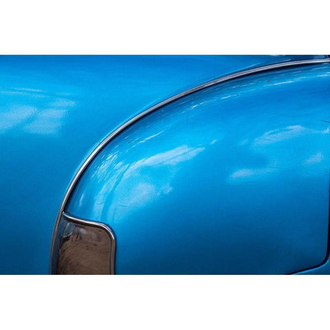 Detail of rear fender on classic blue American Chevrolet in Vinales-Vinales Valley-Cuba White Modern Wood Framed Art Print by Miglavs, Janis