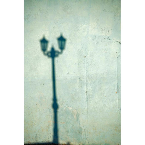 Morning shadow of a lamppost on light blue-green house wall in Trinidad-Cuba Black Modern Wood Framed Art Print by Miglavs, Janis