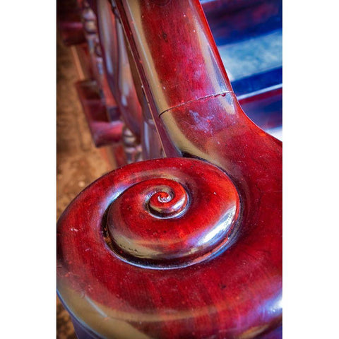 Snail shell-like curve on red wooden bannister handrail in Trinidad-Cuba Black Modern Wood Framed Art Print by Miglavs, Janis