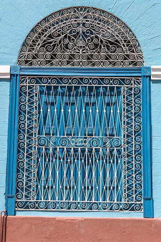 Ornate wrought iron covering on blue wooden window shutters-Trinidad-Cuba White Modern Wood Framed Art Print with Double Matting by Miglavs, Janis