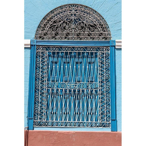 Ornate wrought iron covering on blue wooden window shutters-Trinidad-Cuba Gold Ornate Wood Framed Art Print with Double Matting by Miglavs, Janis