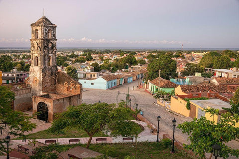 Morning hillside view of Santa Ana church-the plaza-Trinidad streets and the ocean-Cuba White Modern Wood Framed Art Print with Double Matting by Miglavs, Janis