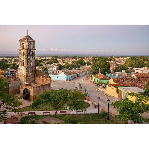 Morning hillside view of Santa Ana church-the plaza-Trinidad streets and the ocean-Cuba Black Modern Wood Framed Art Print by Miglavs, Janis